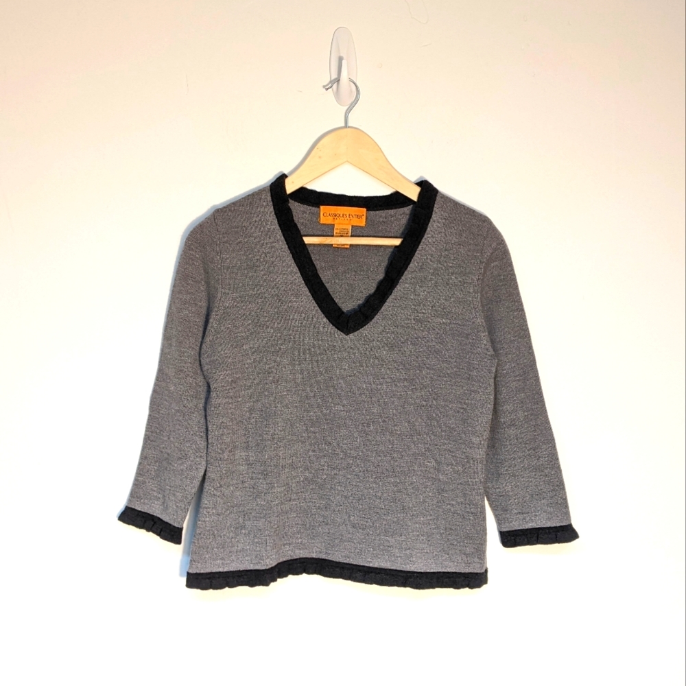 Classiques Entire Petites Merino Wool Blend Pullover Gray & Black Sweater, M